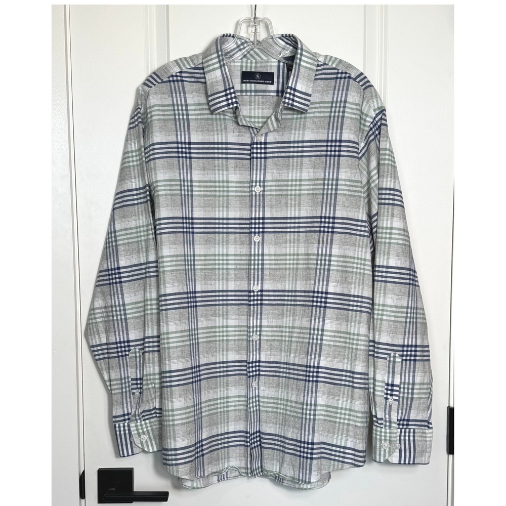 Hart Schaffner Marx Mens Plaid Long Sleeve Button Down Shirt XL‎ Cotton Linen